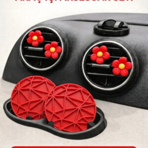 Kırmızı Araç İçi Aksesuar Seti – Klima Süs Çiçek & Bardak Altlığı 6’lı Set